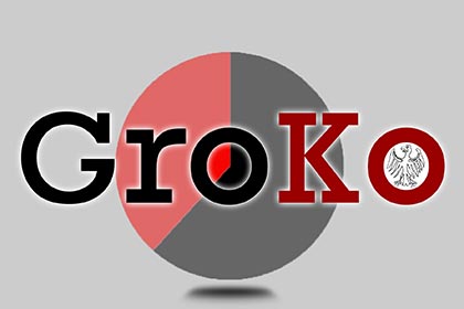 Das Wort GroKo, im ersten "O" die genaue Verteilung SPD/CDU, im zweiten der Bundesadler.