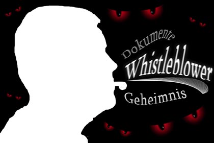 Der Whistleblower mit seiner Pfeife im Mund, dahinter böse Blicke roter Augen. Aus der Pfeife kommt das Wort heraus!