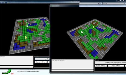 Es sind zwei Clients zu sehen, die jeweils den anderen auf ihrem Spielfeld sehen