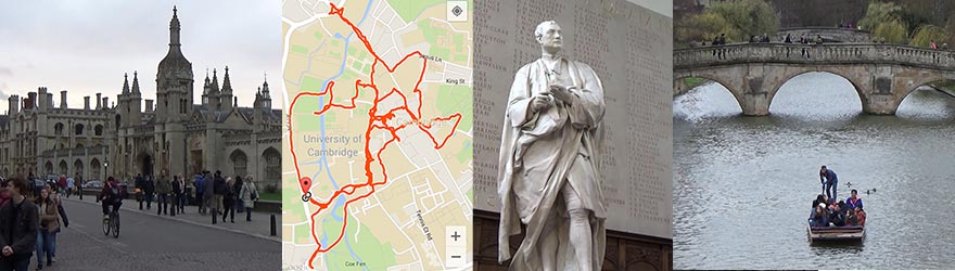 Here you can see the famous King's College, my GPS tracked route, a statue of Isaac Newton and a punt on the Cam.